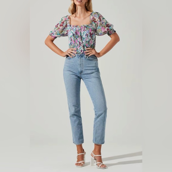 ASTR The Label Smocked Floral Crop Top Multicolor Puff Sleeve Ruffle | S - Picture 3 of 9